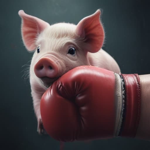 A human arm waering a boxing glove next to a pig in Cinematic style with Binary background