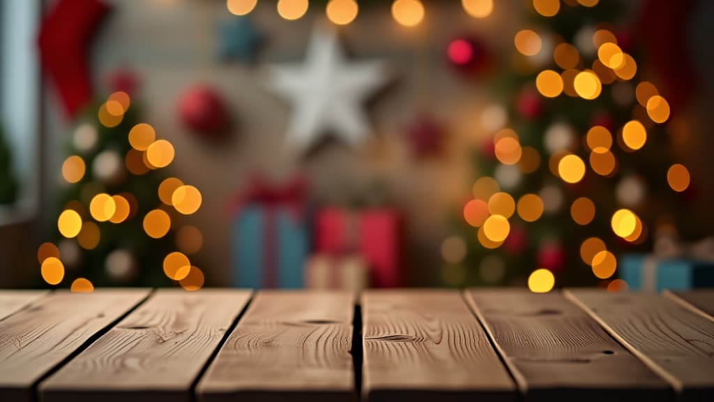  empty wooden table with christmas theme in background