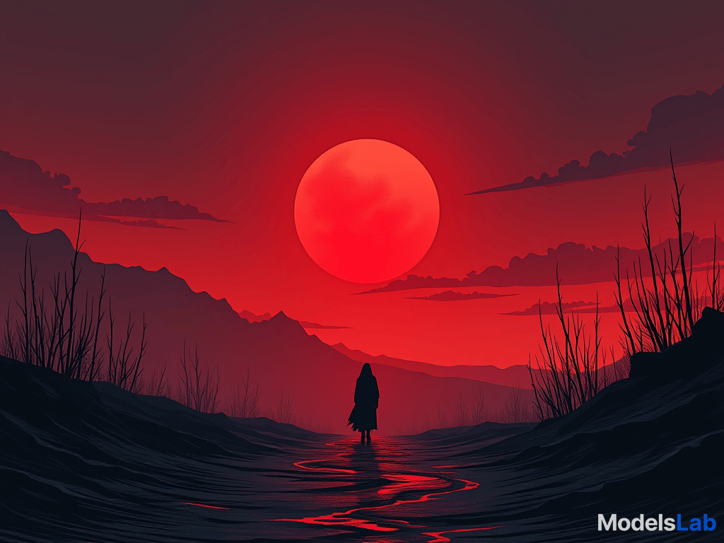  desolate landscape, red twilight, cold ambiance, sense of desolation. the style is digital art illustration / modern comic book / graphic dark novel fantasy and mysterious occult, symbolic, moody lighting, esoteric vibe,high detail on character design. for the color scheme emphasize blacks and reds.