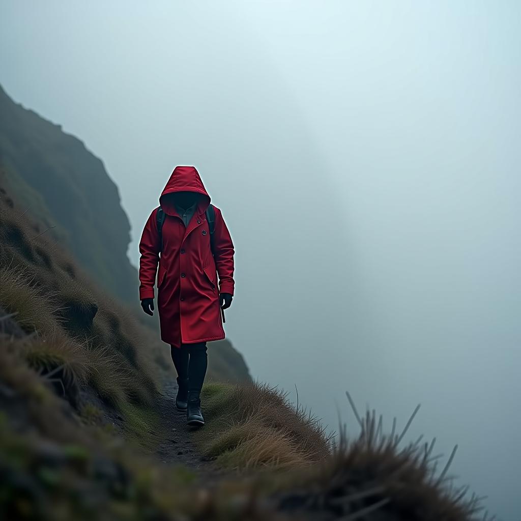  hyperrealistic art a black salad in a red coat heading up to a steep mountain under severe weather conditions is the wind of rain fog . extremely high resolution details, photographic, realism pushed to extreme, fine texture, incredibly lifelike hyperrealistic, full body, detailed clothing, highly detailed, cinematic lighting, stunningly beautiful, intricate, sharp focus, f/1. 8, 85mm, (centered image composition), (professionally color graded), ((bright soft diffused light)), volumetric fog, trending on instagram, trending on tumblr, HDR 4K, 8K