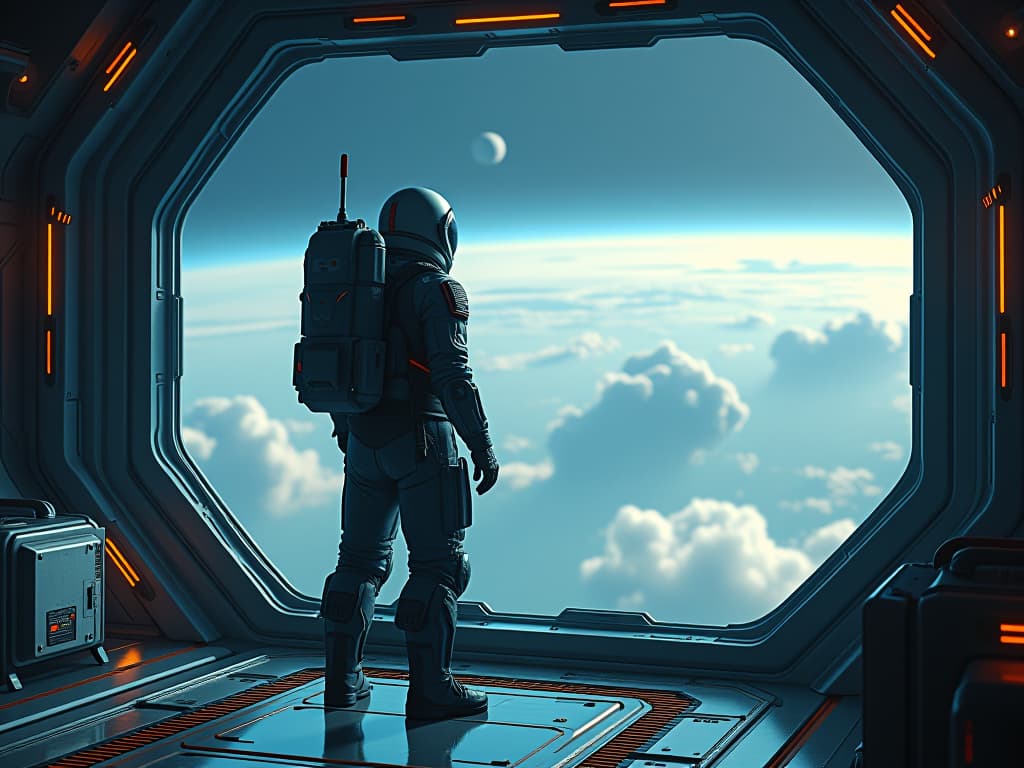  concept art a cosmonaut in a combat suit standing on the deck of a spaceship looking through a panic window on the planet . digital artwork, illustrative, painterly, matte painting, highly detailed hyperrealistic, full body, detailed clothing, highly detailed, cinematic lighting, stunningly beautiful, intricate, sharp focus, f/1. 8, 85mm, (centered image composition), (professionally color graded), ((bright soft diffused light)), volumetric fog, trending on instagram, trending on tumblr, HDR 4K, 8K