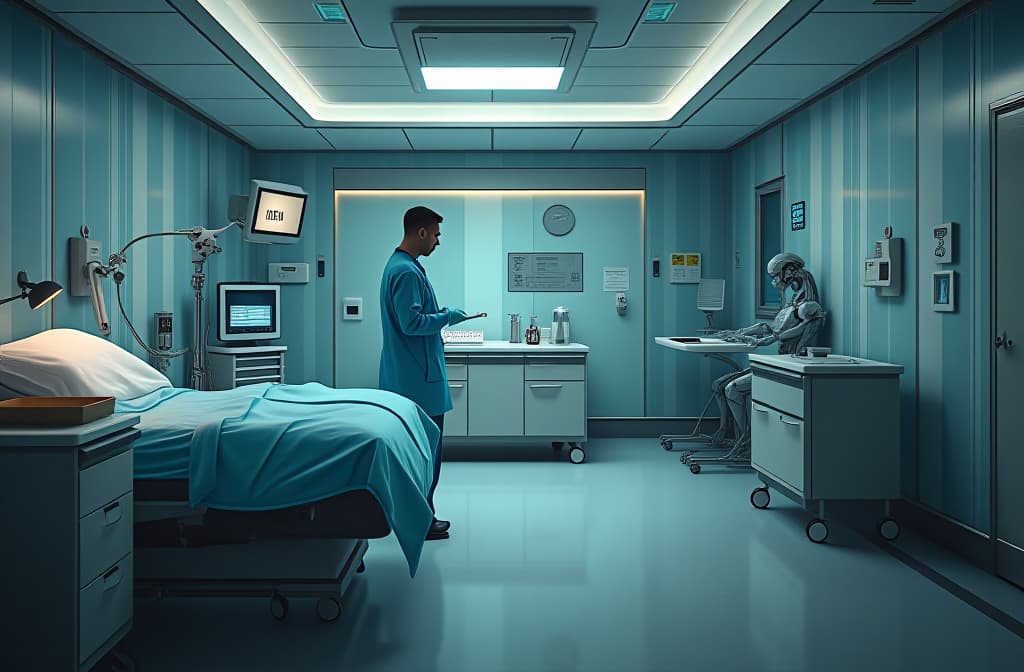  professional detailed photography, futuristic hospital room with ai robot doctor. generative ai. ar 3:2, (muted colors, dim colors, soothing tones), (vsco:0.3)