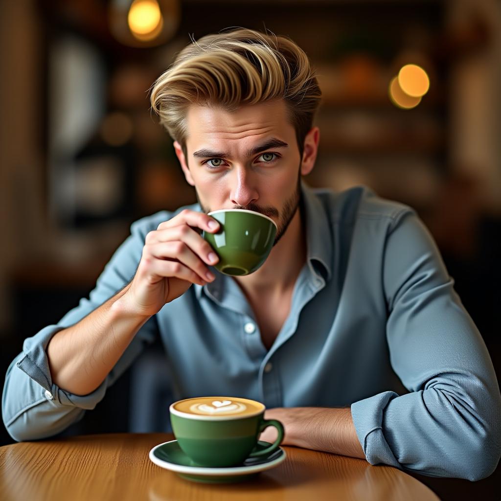  uk man drinking matcha at a cafe, male, british, blonde, adult, masterpiece, best quality