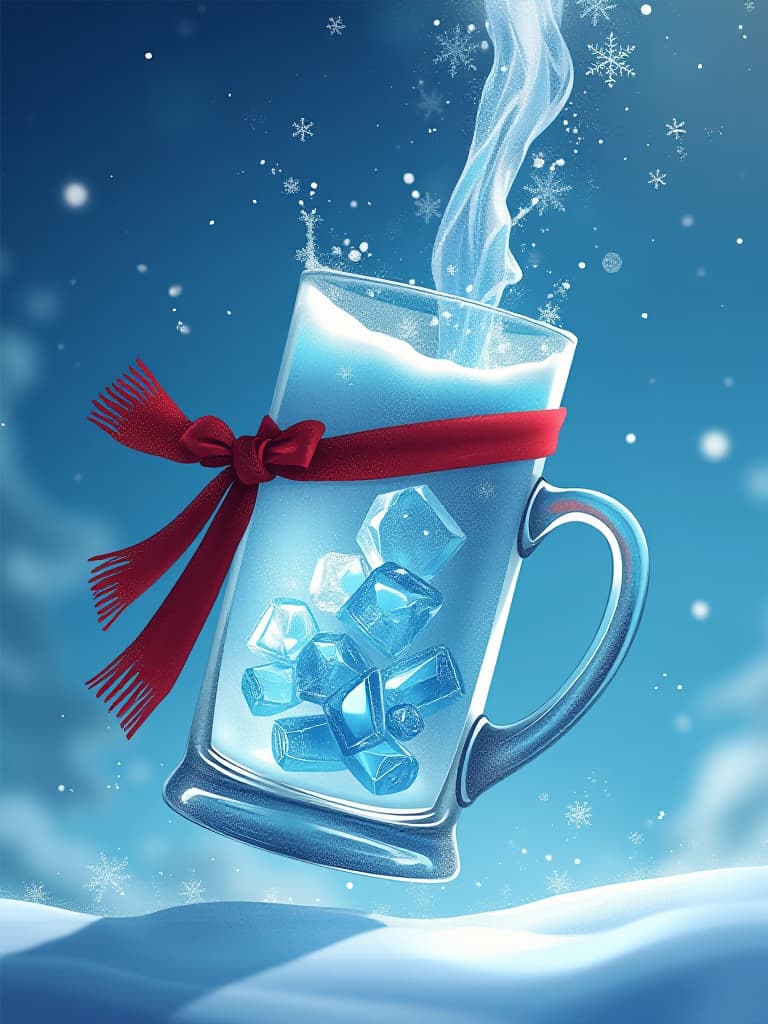  a fantasy style tilted glass mug featuring winter theme with snow in it. all the contents of the glass are pouring like water. details. colorful with brilliant blue background. suspended in space. sparkling and beautiful snowflakes like a wreath. a red scarf is wrapped around the handle of the glass. pieces of ice in glass. cartoon. studio ghibli anime. 1:1 size for profile. firooze hyperrealistic, full body, detailed clothing, highly detailed, cinematic lighting, stunningly beautiful, intricate, sharp focus, f/1. 8, 85mm, (centered image composition), (professionally color graded), ((bright soft diffused light)), volumetric fog, trending on instagram, trending on tumblr, HDR 4K, 8K