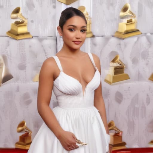 Ari Grande in a white pretty dress on the Grammy Awards carpet , Photorealistic