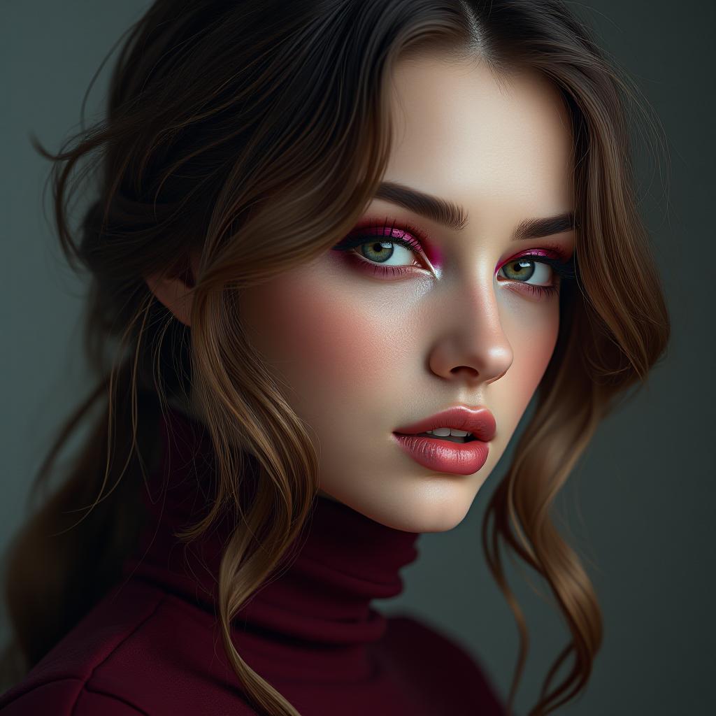  a girl with makeup in burgundy shades. hyperrealistic, full body, detailed clothing, highly detailed, cinematic lighting, stunningly beautiful, intricate, sharp focus, f/1. 8, 85mm, (centered image composition), (professionally color graded), ((bright soft diffused light)), volumetric fog, trending on instagram, trending on tumblr, HDR 4K, 8K