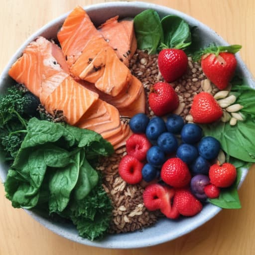 salmon, spinach, kale, blueberries, strawberries, raspberries, walnuts, almonds, flaxseeds, Dark chocolate