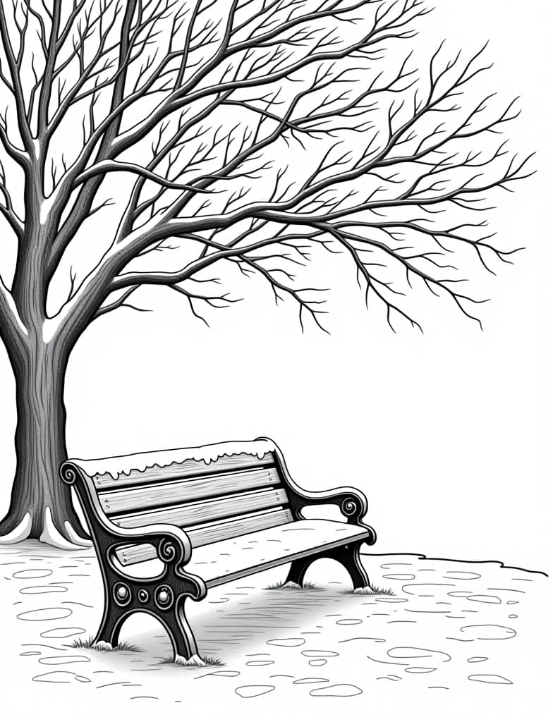  this is for an adult coloring page. a detailed black and white line art of a snowy snow covered park bench under a leafless tree on a solid white background.