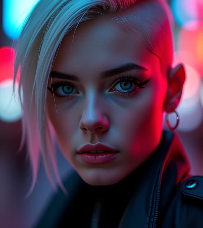  ultra realistic close up portrait ((beautiful pale cyberpunk female with heavy black eyeliner)), blue eyes, shaved side haircut, hyper detail, cinematic lighting, magic neon, dark red city, canon eos r3, nikon, f/1.4, iso 200, 1/160s, 8k, raw, unedited, symmetrical balance, in frame, 8k hyperrealistic, full body, detailed clothing, highly detailed, cinematic lighting, stunningly beautiful, intricate, sharp focus, f/1. 8, 85mm, (centered image composition), (professionally color graded), ((bright soft diffused light)), volumetric fog, trending on instagram, trending on tumblr, HDR 4K, 8K