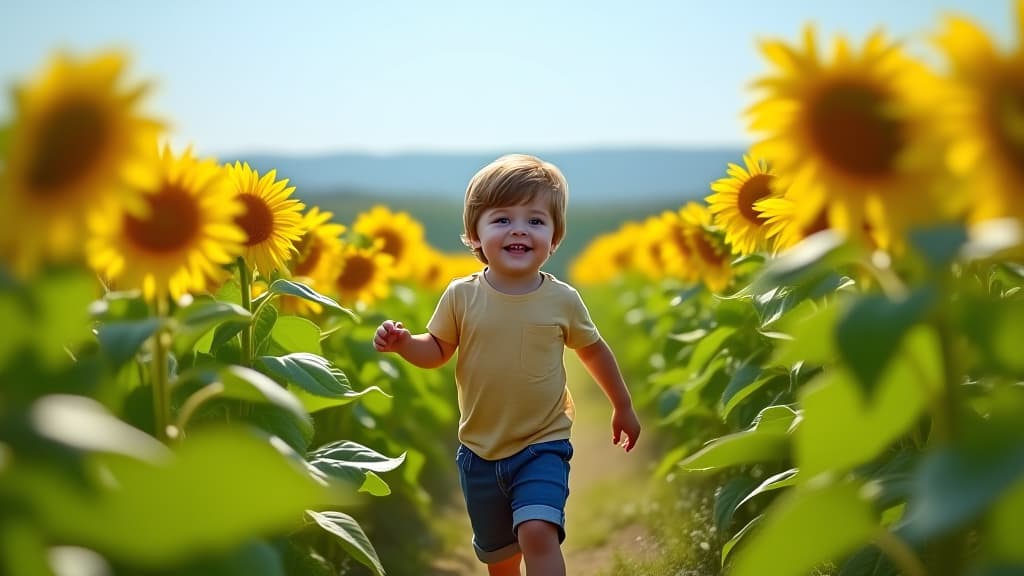  happy little boy walking in field of sunflowers. child playing with big flower and having fun. kid exploring nature. baby having fun. summer activity for inquisitive children, high quality, high details, hd, perfect composition, 4k epic detailed, highly detailed, sharp focus, high resolution