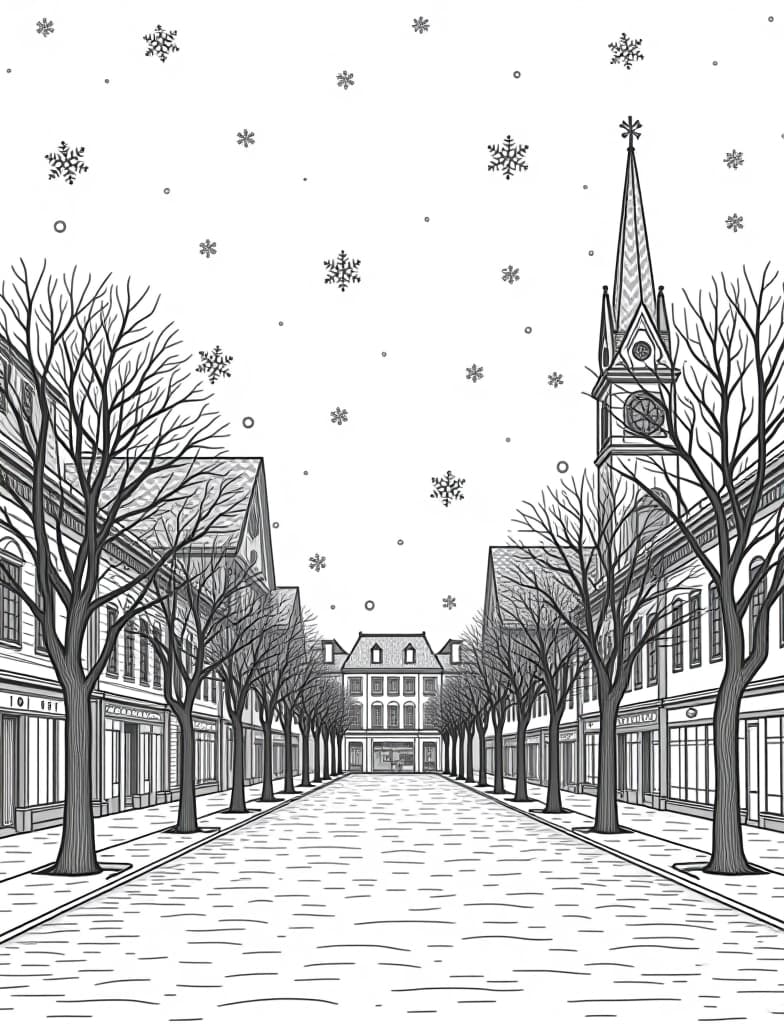  this is for an adult coloring page. a detailed black and white line art of a snowy snowflakes falling gently over a quiet town square on a solid white background.