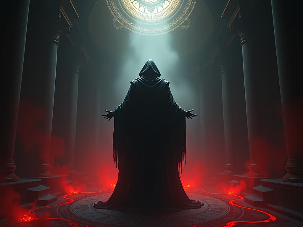  figure standing triumphantly in a well lit space, surrounded by symbols of success, juxtaposed against dark shadows of those hidden agendas.. the style is dark fantasy and mysterious occult, symbolic, moody lighting, esoteric vibe,high detail on character design. for the color scheme emphasize blacks and reds.