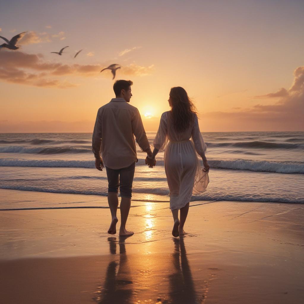 ((masterpiece)),(((best quality))), 8k, high detailed, ultra detailed, A boyfriend and girlfriend, holding hands, walking on a beach, sunset in the background, waves crashing, seagulls flying overhead hyperrealistic, full body, detailed clothing, highly detailed, cinematic lighting, stunningly beautiful, intricate, sharp focus, f/1. 8, 85mm, (centered image composition), (professionally color graded), ((bright soft diffused light)), volumetric fog, trending on instagram, trending on tumblr, HDR 4K, 8K