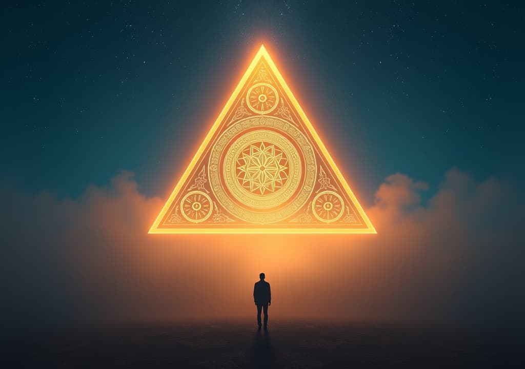  a glowing triangle composed of intricate geometric patterns floats above a serene landscape, surrounded by swirling mist and ethereal light, symbolizing ancient wisdom and mystical energy, with a starry night sky in the background. hyperrealistic, full body, detailed clothing, highly detailed, cinematic lighting, stunningly beautiful, intricate, sharp focus, f/1. 8, 85mm, (centered image composition), (professionally color graded), ((bright soft diffused light)), volumetric fog, trending on instagram, trending on tumblr, HDR 4K, 8K