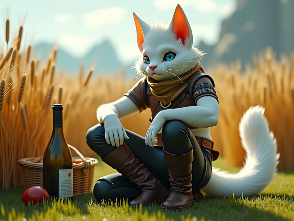  world of warcraft, white leather, selphie, palto macrame, athletic bodycation, bright white eyes, white hair, tail, leather pants with schnurry, stacked on the lawn, near the food basket, the wine bottle, the sky, the grain of grain, the grain of grain hyperrealistic, full body, detailed clothing, highly detailed, cinematic lighting, stunningly beautiful, intricate, sharp focus, f/1. 8, 85mm, (centered image composition), (professionally color graded), ((bright soft diffused light)), volumetric fog, trending on instagram, trending on tumblr, HDR 4K, 8K