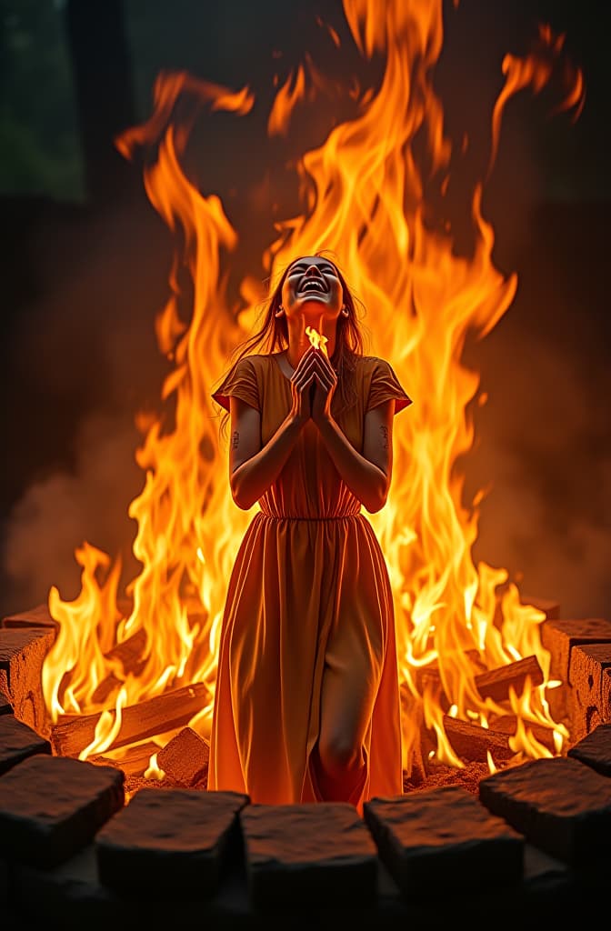  fire over and entirely engulfing and covering a screaming , flames wrap and curl over the as they flow over her and burn her, the is fully ablaze, the is screaming in pain as she burns to death, kneeling inside a stone fire pit, flames block the almost entirely, her skin is blackened and charred, her body is on fire hyperrealistic, full body, detailed clothing, highly detailed, cinematic lighting, stunningly beautiful, intricate, sharp focus, f/1. 8, 85mm, (centered image composition), (professionally color graded), ((bright soft diffused light)), volumetric fog, trending on instagram, trending on tumblr, HDR 4K, 8K