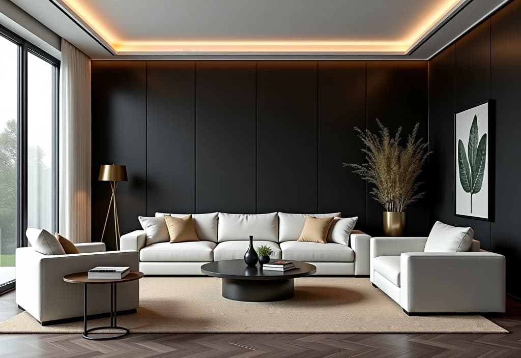  a landscape photo of a living room with a dramatic dark accent wall, contrasted by light furniture and metallic accents, creating a bold and sophisticated atmosphere hyperrealistic, full body, detailed clothing, highly detailed, cinematic lighting, stunningly beautiful, intricate, sharp focus, f/1. 8, 85mm, (centered image composition), (professionally color graded), ((bright soft diffused light)), volumetric fog, trending on instagram, trending on tumblr, HDR 4K, 8K