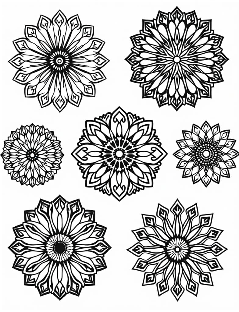  a collection of fall themed mandalas, black and white line art on a white background, for an adult coloring page.