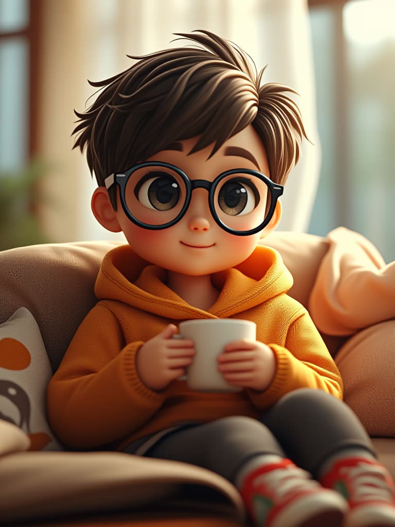  design a memoji style character with round glasses, a cozy hoodie, and a laid back expression. the character has short, tousled hair and is sitting in a relaxed pose, maybe holding a cup of coffee. the background is soft and minimal, with warm lighting to give a cozy, chill vibe. hyperrealistic, full body, detailed clothing, highly detailed, cinematic lighting, stunningly beautiful, intricate, sharp focus, f/1. 8, 85mm, (centered image composition), (professionally color graded), ((bright soft diffused light)), volumetric fog, trending on instagram, trending on tumblr, HDR 4K, 8K