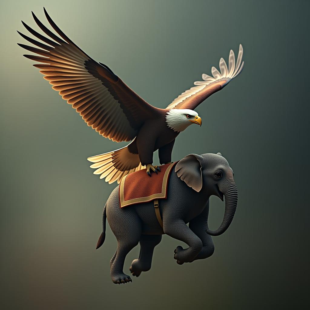  flying eagle with a head of dog. while holding an elephant hyperrealistic, full body, detailed clothing, highly detailed, cinematic lighting, stunningly beautiful, intricate, sharp focus, f/1. 8, 85mm, (centered image composition), (professionally color graded), ((bright soft diffused light)), volumetric fog, trending on instagram, trending on tumblr, HDR 4K, 8K