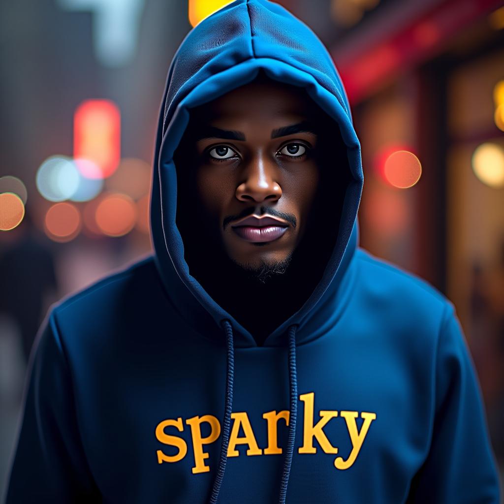  master of crypto with a blue hoodie with sparky written on it hyperrealistic, full body, detailed clothing, highly detailed, cinematic lighting, stunningly beautiful, intricate, sharp focus, f/1. 8, 85mm, (centered image composition), (professionally color graded), ((bright soft diffused light)), volumetric fog, trending on instagram, trending on tumblr, HDR 4K, 8K