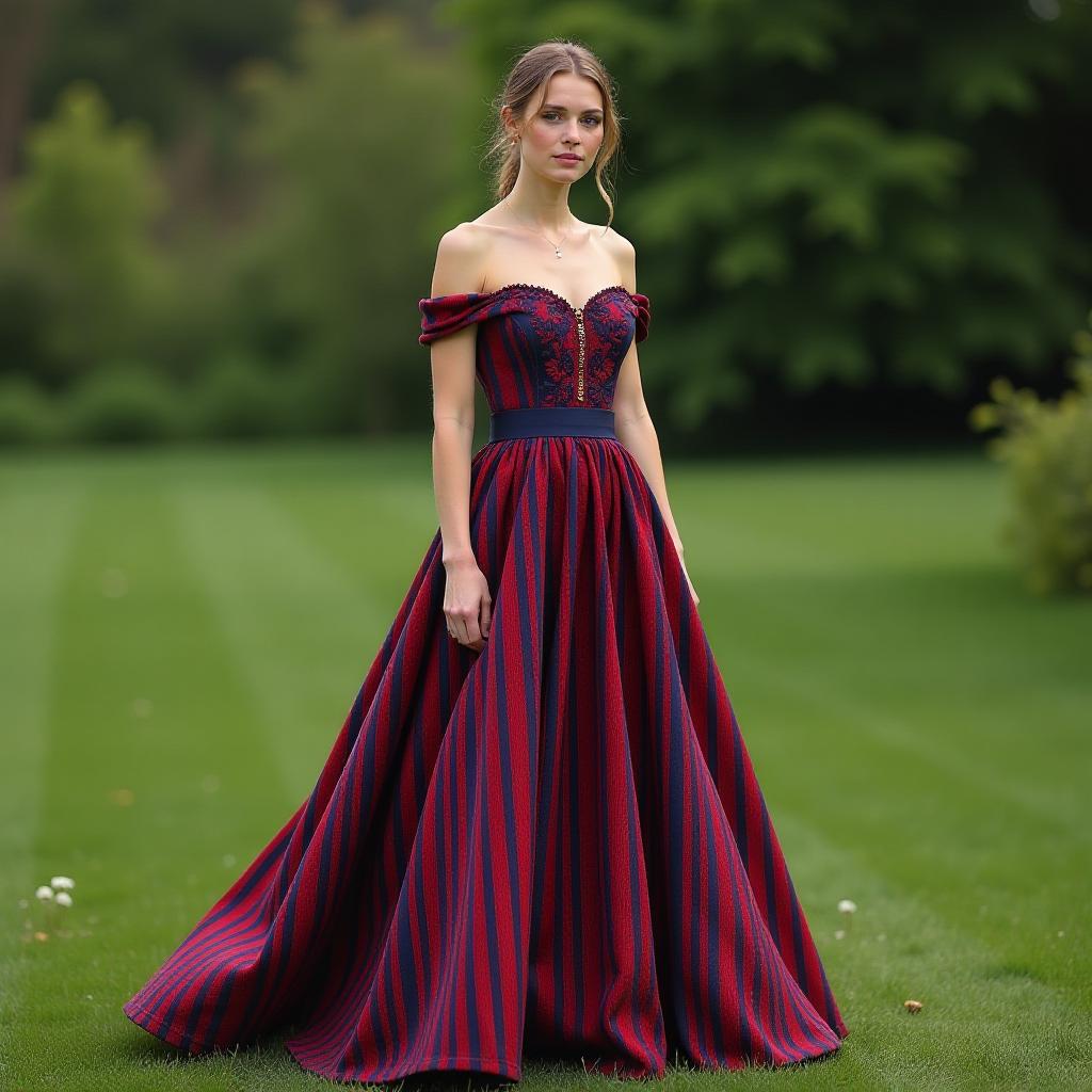  create an image of a slim, tall woman aged 18 24, with slavic ethnicity, wearing an art inspired gown. the gown should be made of cotton with a slim fit, sleeveless, and have a straight hem. the fabric design is striped, predominantly in deep red and navy blue. the gown features both a crew neck and an off shoulder design, with an open back. it is micro length with a fitted bodice, a natural waistline, and a ball gown silhouette with embroidered details. the woman poses gracefully in an outdoor garden scene, capturing the elegance and artistic inspiration of the gown's design and pattern.