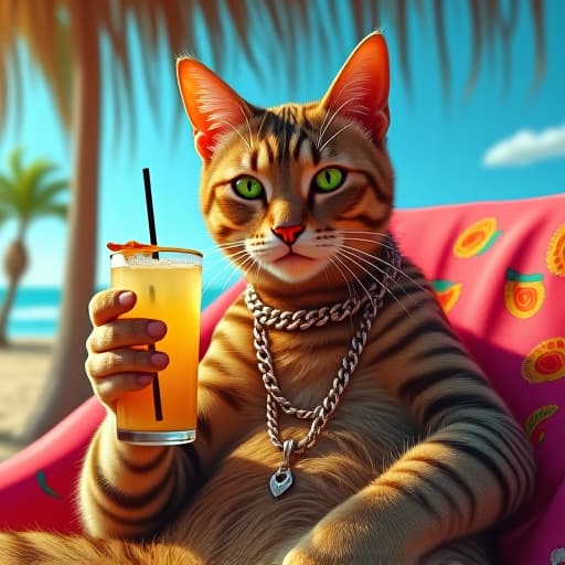  in a vibrant, ultra realistic style with comic book quality, visualize hemule, the rebellious tabby cat with green eyes, lounging on the beach, sipping a mai tai. the scene captures hemule's edgy charisma against the serene backdrop, blending relaxation with a hint of mystery. the detailed rendering highlights hemule's immaculate style amidst the beach's colorful atmosphere. hyperrealistic, full body, detailed clothing, highly detailed, cinematic lighting, stunningly beautiful, intricate, sharp focus, f/1. 8, 85mm, (centered image composition), (professionally color graded), ((bright soft diffused light)), volumetric fog, trending on instagram, trending on tumblr, HDR 4K, 8K