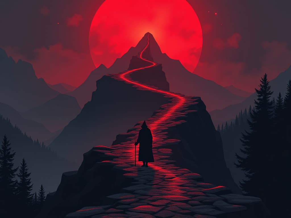  mountainous path, dark and treacherous, shadowy burdens on shoulders, atmosphere of struggle. the style is digital art illustration / modern comic book / graphic dark novel fantasy and mysterious occult, symbolic, moody lighting, esoteric vibe,high detail on character design. for the color scheme emphasize blacks and reds.