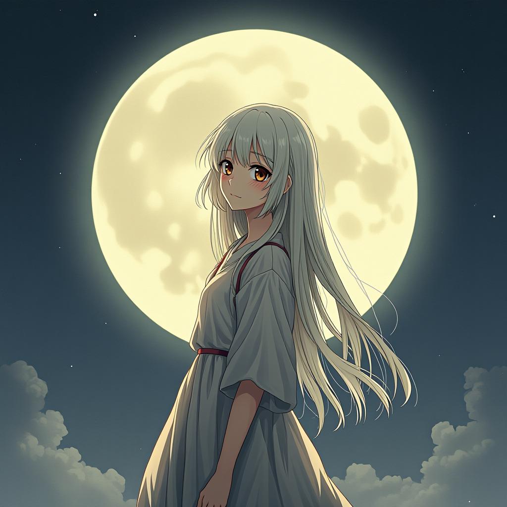  the girl with white hair is standing, and behind her is a full moon.