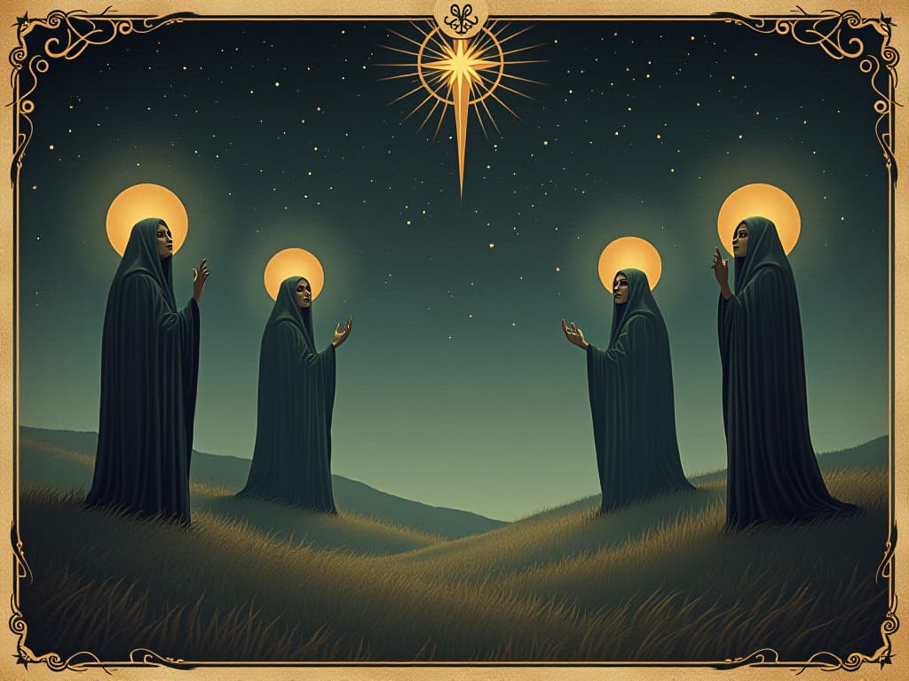  celestial watchers, indistinct luminous figures, starry night backdrop, vigilant expressions, sense of guidance, cosmic, protective sentinels. an illustration in the style of a worn, mystical old tarot trump card, mysterious and elements of surrealism. the colors are muted, somber and eerie, but with contrast bring out an occult and esoteric vibe.