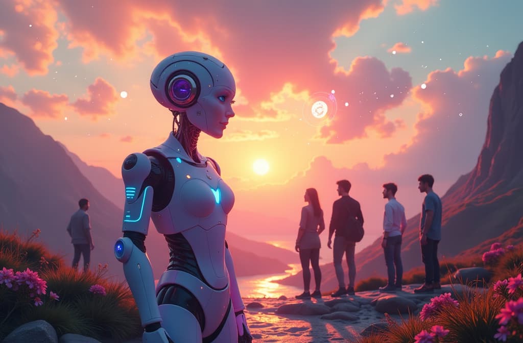  "create an enchanting scene depicting a futuristic digital landscape where a friendly, humanoid ai chatbot character, designed with vibrant colors and a welcoming expression, interacts with a diverse group of people. the environment should be filled with holographic displays, floating icons representing communication and creativity, and a warm, inviting atmosphere that emphasizes friendship and collaboration. the sky should be a blend of warm sunset hues, symbolizing connection and warmth." hyperrealistic, full body, detailed clothing, highly detailed, cinematic lighting, stunningly beautiful, intricate, sharp focus, f/1. 8, 85mm, (centered image composition), (professionally color graded), ((bright soft diffused light)), volumetric fog, trending on instagram, trending on tumblr, HDR 4K, 8K