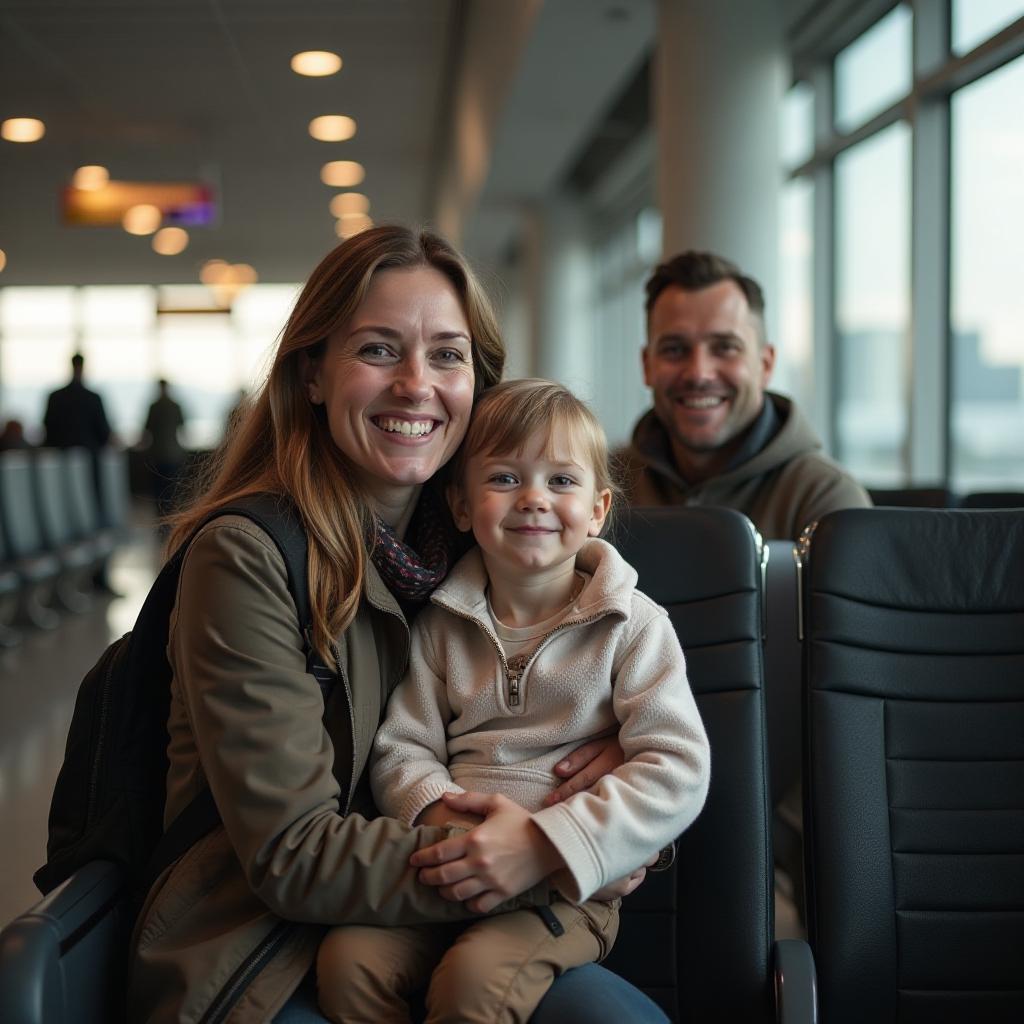  professional detailed photography, happy family at the airport, (muted colors, dim colors, soothing tones), (vsco:0.3)