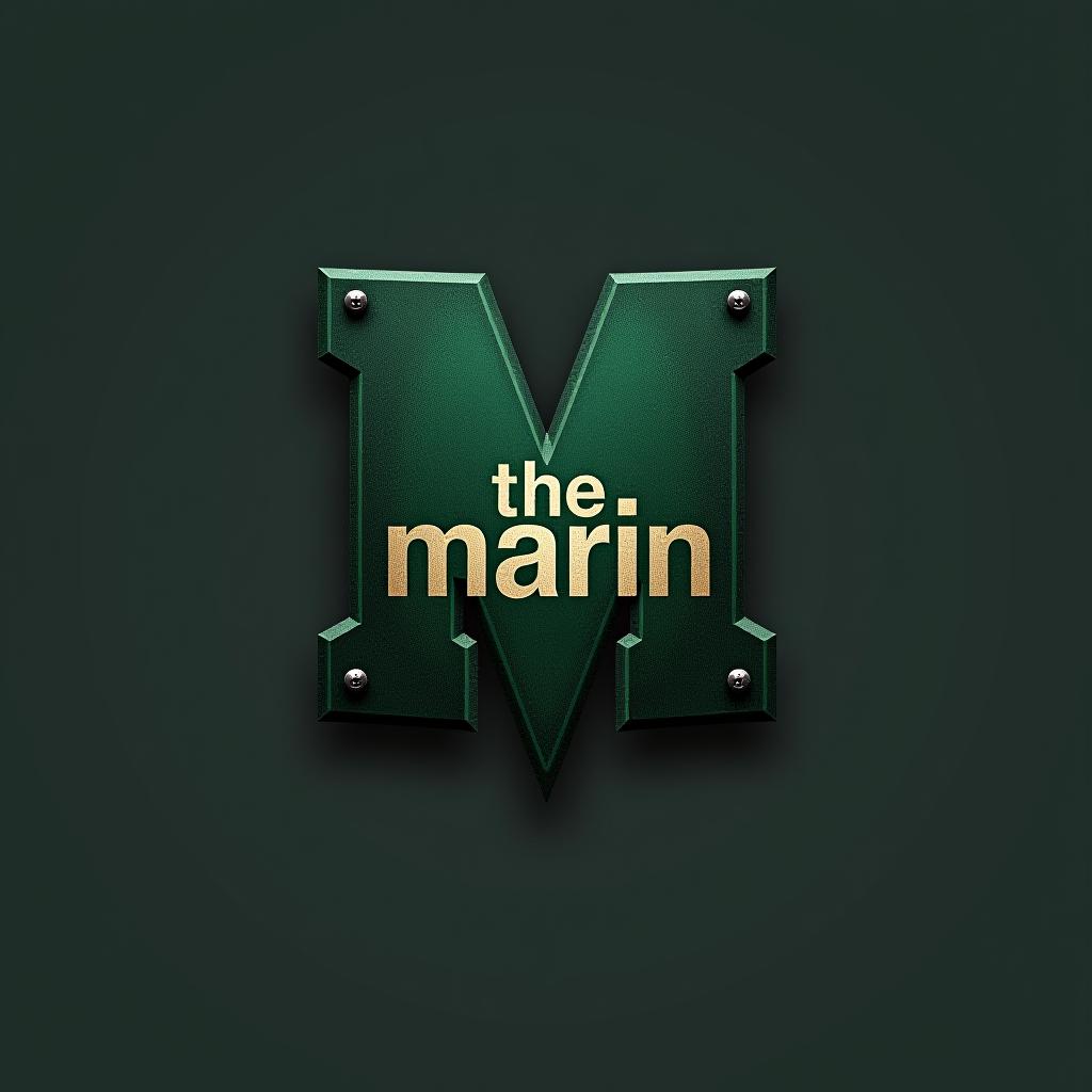  design a logo, the marin 5.56, green color , something metallic , strong for fitness men , this is for clothing, i want a big letter that means confident , with the text 'the marin 5.56'.