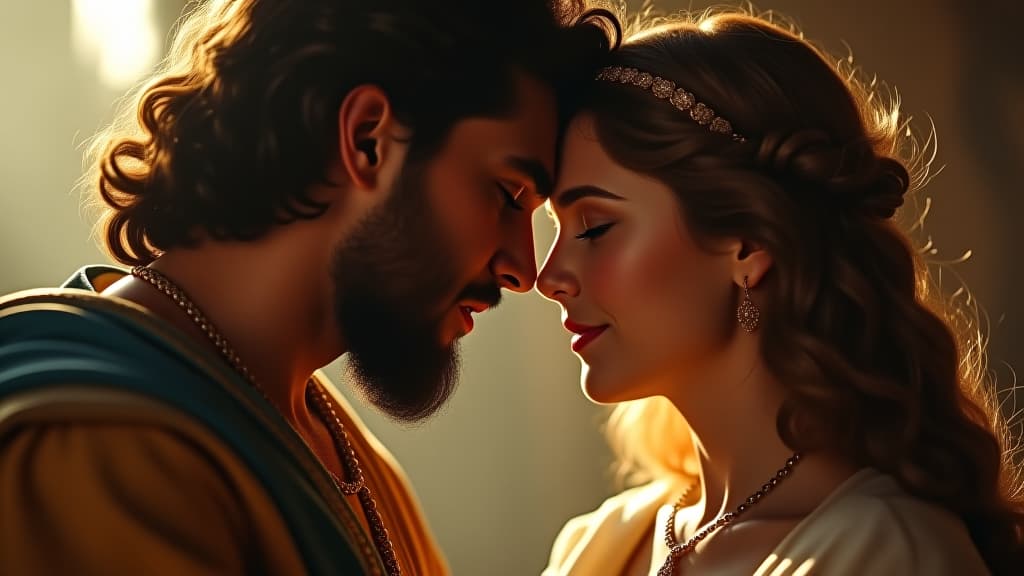  history of biblical times, an artistic interpretation of the theme of character over wealth, showcasing boaz and ruth’s contrasting backgrounds in tender imagery. hyperrealistic, full body, detailed clothing, highly detailed, cinematic lighting, stunningly beautiful, intricate, sharp focus, f/1. 8, 85mm, (centered image composition), (professionally color graded), ((bright soft diffused light)), volumetric fog, trending on instagram, trending on tumblr, HDR 4K, 8K