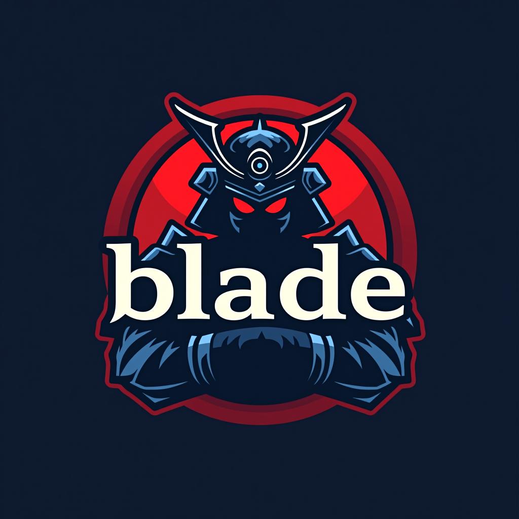  design a logo, emblem logo, with the written text ‘blade’, samurai theme, red and blue.