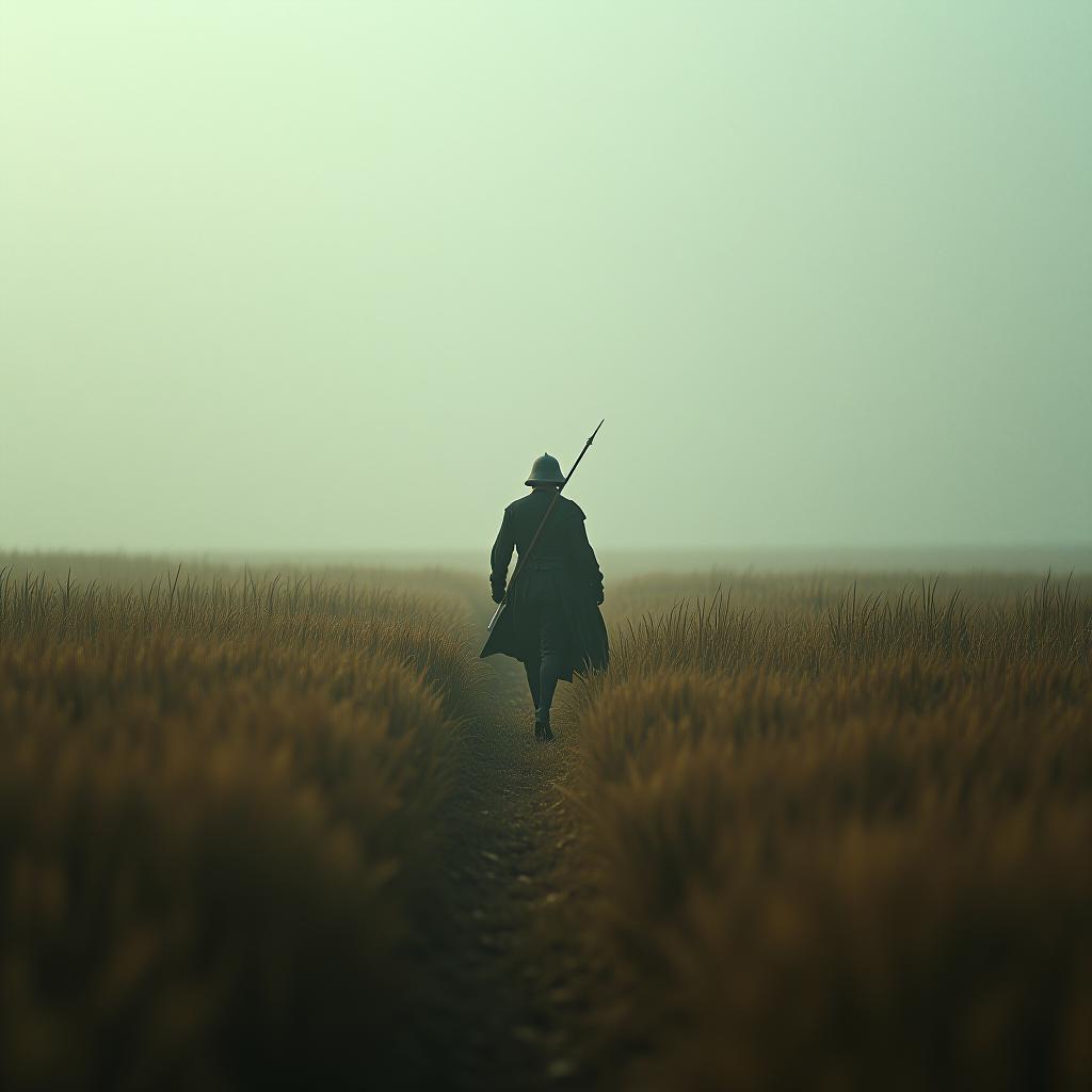  a single war in a field leading to victory is shown above hyperrealistic, full body, detailed clothing, highly detailed, cinematic lighting, stunningly beautiful, intricate, sharp focus, f/1. 8, 85mm, (centered image composition), (professionally color graded), ((bright soft diffused light)), volumetric fog, trending on instagram, trending on tumblr, HDR 4K, 8K