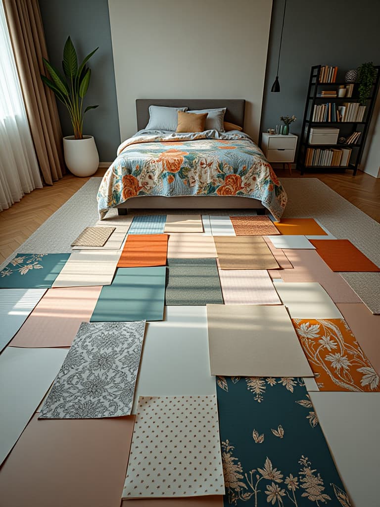  high quality portrait photo of an artistic arrangement of wallpaper samples and paint swatches spread out on a modern bedroom floor, showcasing various patterns and colors hyperrealistic, full body, detailed clothing, highly detailed, cinematic lighting, stunningly beautiful, intricate, sharp focus, f/1. 8, 85mm, (centered image composition), (professionally color graded), ((bright soft diffused light)), volumetric fog, trending on instagram, trending on tumblr, HDR 4K, 8K