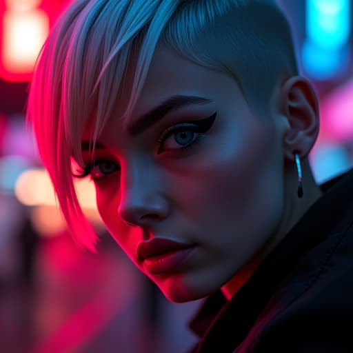  ultra realistic close up portrait ((beautiful pale cyberpunk female with heavy black eyeliner)), blue eyes, shaved side haircut, hyper detail, cinematic lighting, magic neon, dark red city, canon eos r3, nikon, f/1.4, iso 200, 1/160s, 8k, raw, unedited, symmetrical balance, in frame, 8k hyperrealistic, full body, detailed clothing, highly detailed, cinematic lighting, stunningly beautiful, intricate, sharp focus, f/1. 8, 85mm, (centered image composition), (professionally color graded), ((bright soft diffused light)), volumetric fog, trending on instagram, trending on tumblr, HDR 4K, 8K