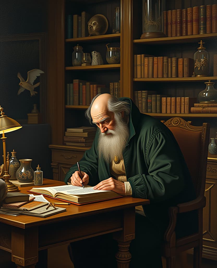  renaissance/baroque style painting featuring an elderly scholar deeply engrossed in reading. the setting is a richly adorned study or cabinet of curiosities. meticulously detailed scene. the desk before scholar is cluttered with additional books, scrolls, and writing implements. the wooden table and shelves around him are constructed with ornate detailing and filled with various items like books, scientific instruments, glassware and vials, sculpture and artifacts. some jars appear to contain preserved specimens, typical of a cabinet of curiosities. the lighting and attention to detail give the painting a highly realistic yet slightly dramatic tone, emphasizing the scholar’s isolation in his world of study. the overall effect of the image