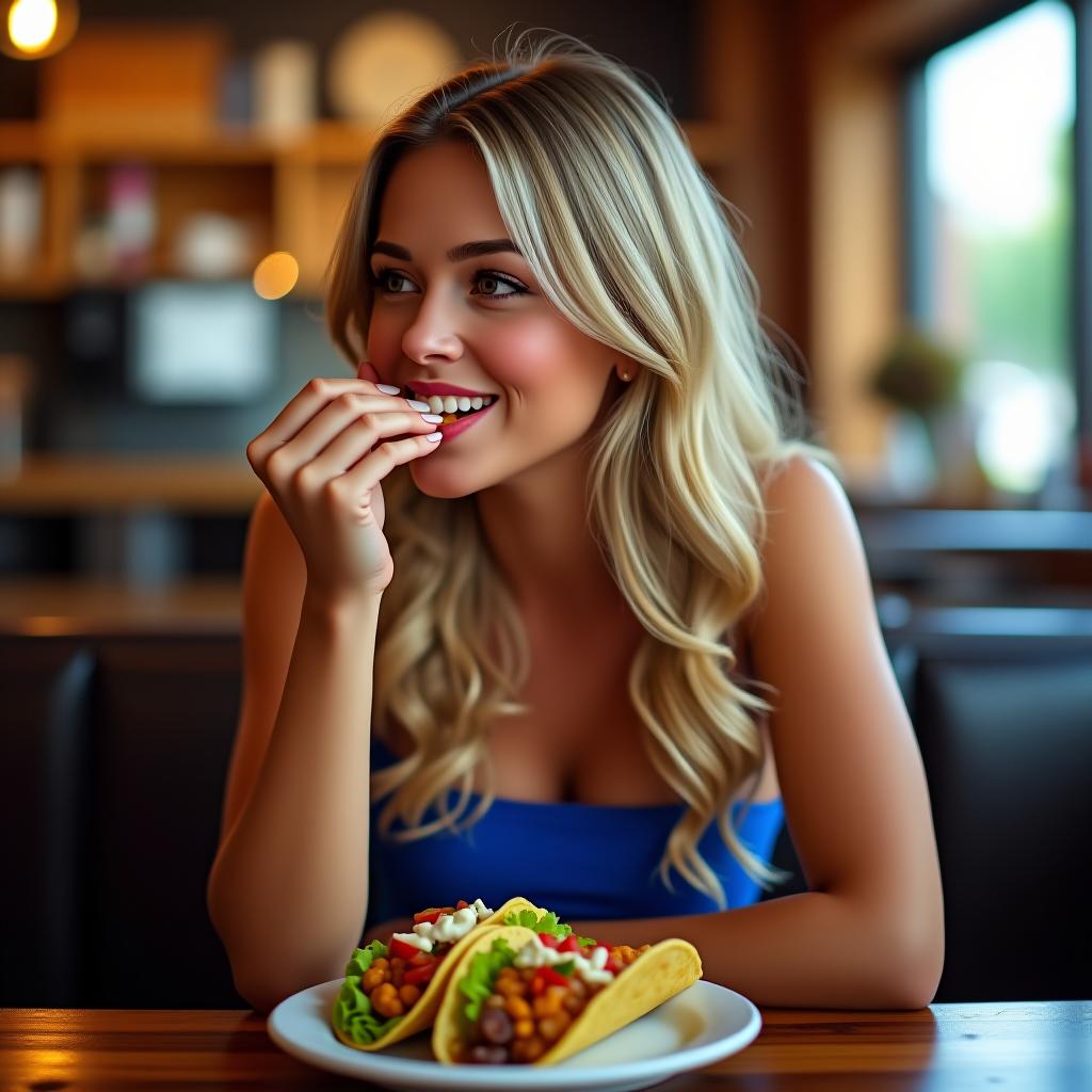  make an image of a long blonde haired woman and tan olive skin dressed in blue eating one taco at the restaurant