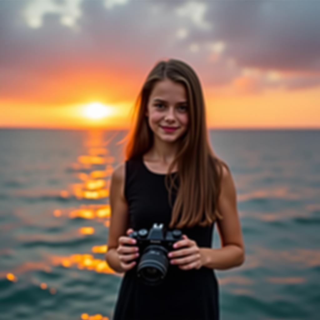  a brunette girl with long hair below her shoulders in a black dress is standing by the sea against the backdrop of a sunset, holding a camera in her hands.