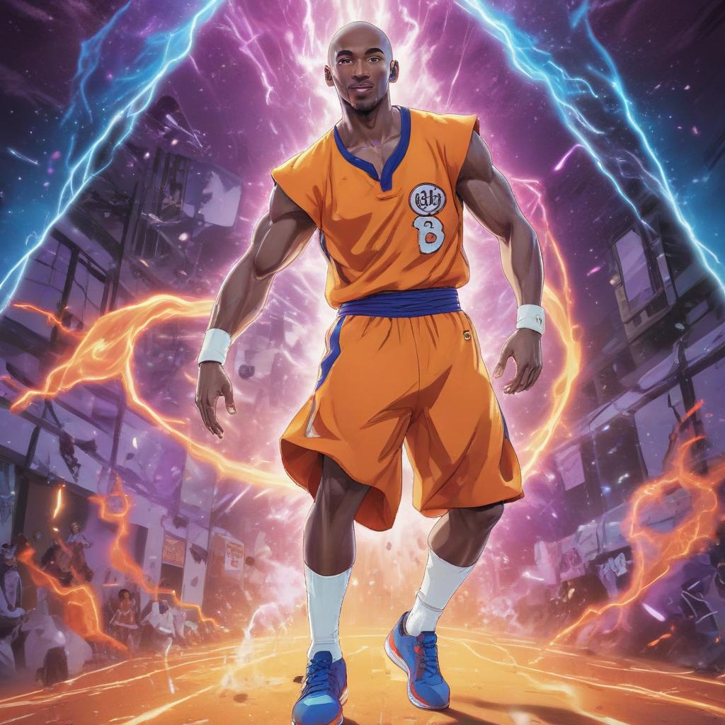 distance-shot, flashy, full-body, dynamic, holographic, animated cartoon poster of kobe scene in the style of dragon ball super