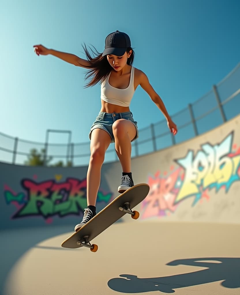  (masterpiece), (best quality), (ultra detailed), a 30 korean chinese woman with long hair styled into two neat ids. she is dressed in a low cut age tank top and distressed denim shorts that highlight her athletic build. as she executes a smooth 360 flip on her skateboard, sheâ€™s captured mid air, with her cap remaining firmly in place. the surrounding skate park is alive with vint graffiti, the colorful art on the concrete walls contrasting with the bright blue sky above. her black high top sneakers grip the board as she spins effortlessly, her expression focused and confident. the late afternoon sunlight casts dynamic shadows, emphasizing the fluidity of her movement and the urban energy of the scene., high budget