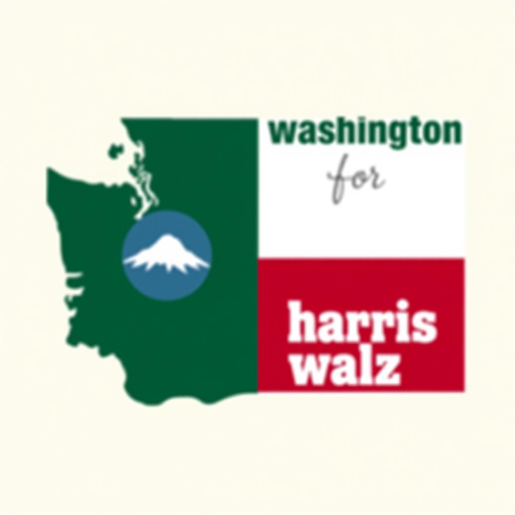  a design inspired by the washington state flag. the left side features a green vertical stripe with mt. rainer in the center. the right side is divided into two horizontal sections: the top section is white with the text 'washington for' in bold, green, uppercase letters, and the bottom section is red with the text 'harris walz' in bold, white, uppercase letters. the overall layout is clean and straightforward, with a clear and patriotic color scheme of blue, white, and red.