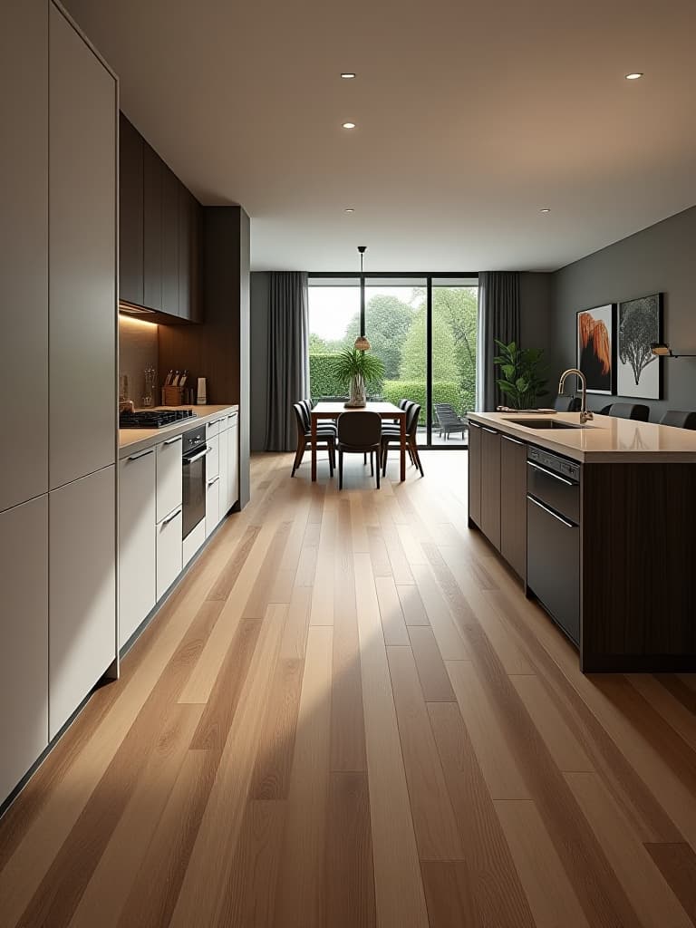  high quality portrait photo of a sleek, modern kitchen interior showcasing luxury vinyl plank flooring with a realistic wood grain texture, seamlessly flowing from the kitchen to adjacent living areas hyperrealistic, full body, detailed clothing, highly detailed, cinematic lighting, stunningly beautiful, intricate, sharp focus, f/1. 8, 85mm, (centered image composition), (professionally color graded), ((bright soft diffused light)), volumetric fog, trending on instagram, trending on tumblr, HDR 4K, 8K