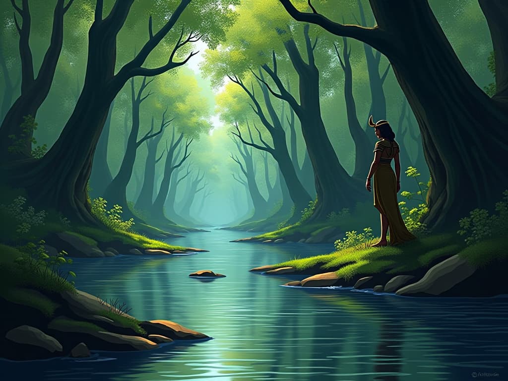  a calm river winding through a dense forest, leaves rustling and water flowing, a harmonious connection with the natural world. the style is digital art illustration / modern comic book / mysterious occult, symbolic, esoteric vibe,high detail on character design, incorporating ancient egyptian symbology and attire.