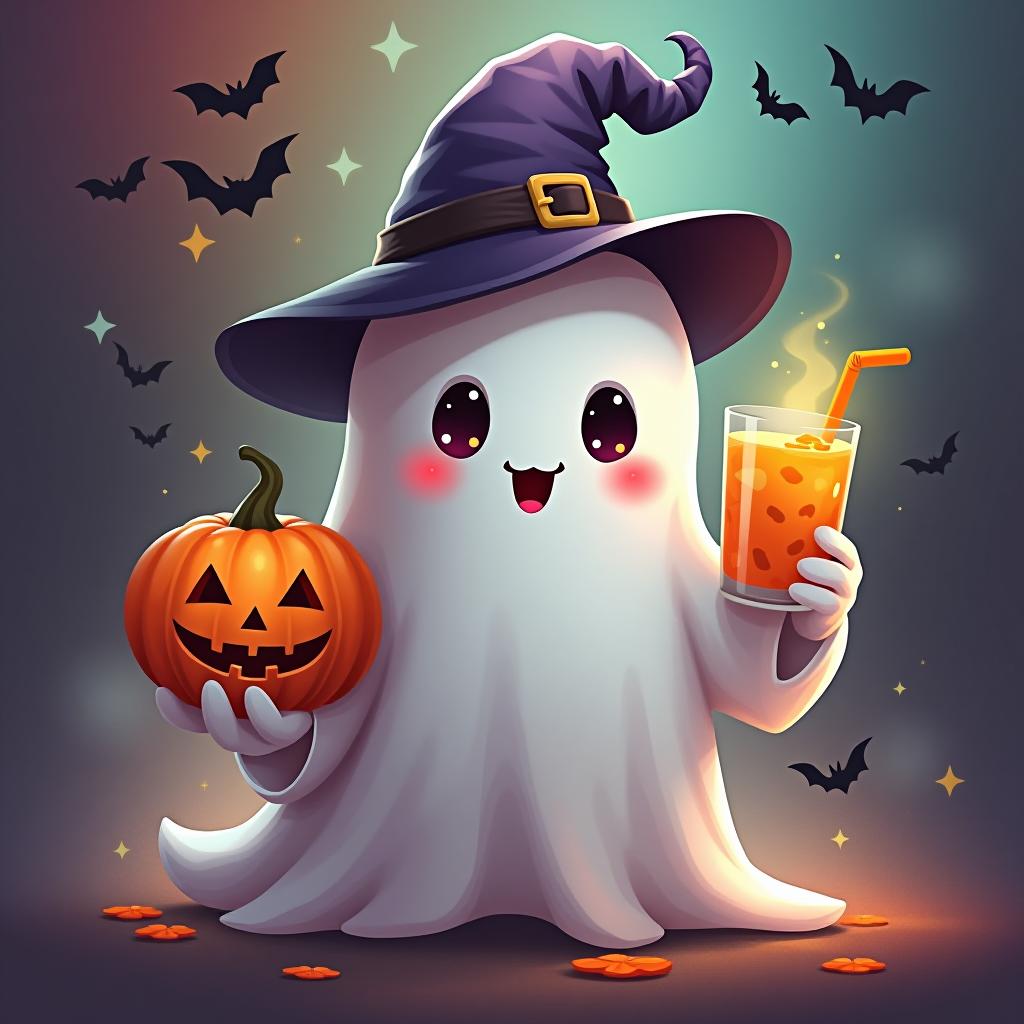  create a digital painting featuring a cute ghost character. the ghost should be wearing a hat. in one hand, the ghost should hold a pumpkin with a carved face, and in the other hand, a halloween themed drink. the background should be colorfull and include small black bats and stars to add a playful halloween touch. the overall style should be cute, whimsical, and colorful hyperrealistic, full body, detailed clothing, highly detailed, cinematic lighting, stunningly beautiful, intricate, sharp focus, f/1. 8, 85mm, (centered image composition), (professionally color graded), ((bright soft diffused light)), volumetric fog, trending on instagram, trending on tumblr, HDR 4K, 8K