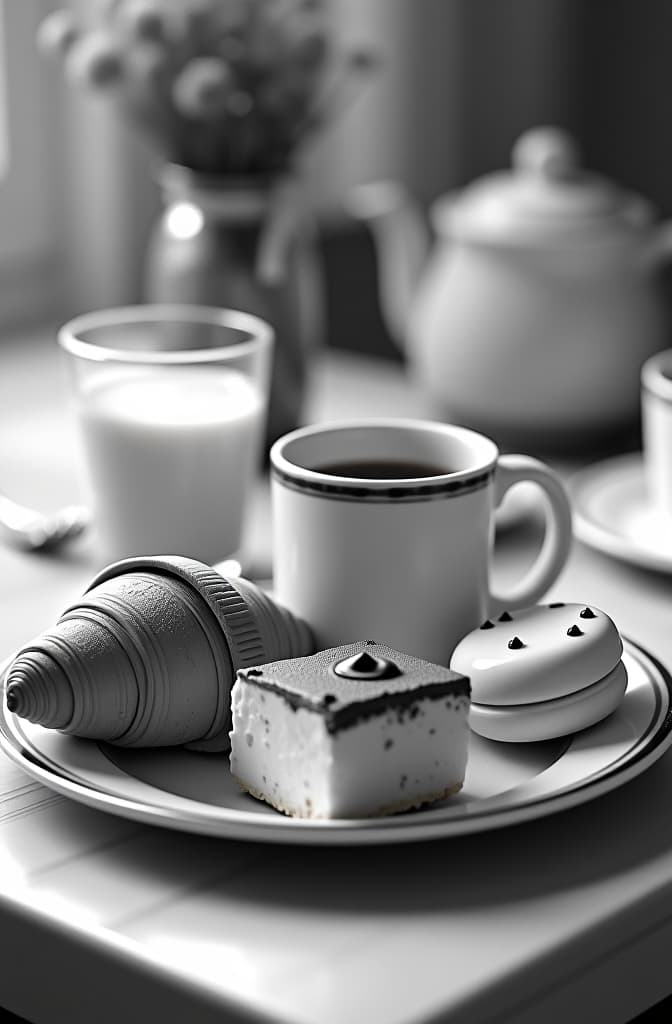  create black and white animated graphic image of a breakfast. contain only one of each of these elements inside: 1. an orange juice inside a clear glass container 2. a ceramic mug with a coffee or tea bag inside 3 a croissant halved filled with ham and cheese wrapped in parchment paper 4. a portion of orange and poppy pudding or cake, it's like a square with black dots on the poppy and a frosting on top 5. a portion of bundin or banana cake with chocolate, this one has pieces of chocolate inside and melted chocolate on top 6. three mini cookies of chopped pistachio flavor with white chocolate inside a transparent bag tied with a ribbon 7. portion of fruit in a transparent container (banana and strawberry) all of this should be inside a r hyperrealistic, full body, detailed clothing, highly detailed, cinematic lighting, stunningly beautiful, intricate, sharp focus, f/1. 8, 85mm, (centered image composition), (professionally color graded), ((bright soft diffused light)), volumetric fog, trending on instagram, trending on tumblr, HDR 4K, 8K