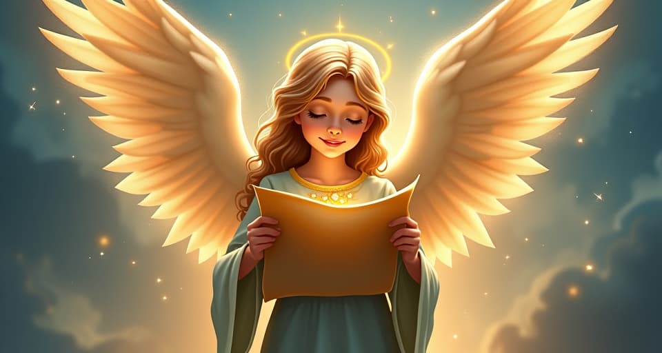  celestial angels, radiant garments, floral wings, illuminating scroll, ready to proclaim, reverence.. the style is digital art illustration,highly detailed, whimsical,magical, dreamlike atmosphere, realism and fantasy blend, smooth, glossy textures,luminous quality, wonder and enchantment.