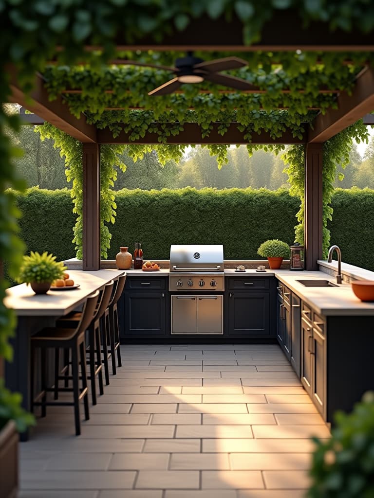  high quality portrait photo of an outdoor kitchen and bar area on a patio, featuring a built in grill, countertop, and bar stools, with a pergola overhead covered in climbing vines hyperrealistic, full body, detailed clothing, highly detailed, cinematic lighting, stunningly beautiful, intricate, sharp focus, f/1. 8, 85mm, (centered image composition), (professionally color graded), ((bright soft diffused light)), volumetric fog, trending on instagram, trending on tumblr, HDR 4K, 8K